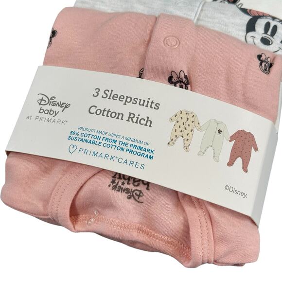 Disney Baby at Primark 3 Sleepsuits Cotton Rich Minnie Mouse Size 3-6 Months - Picture 3 of 4